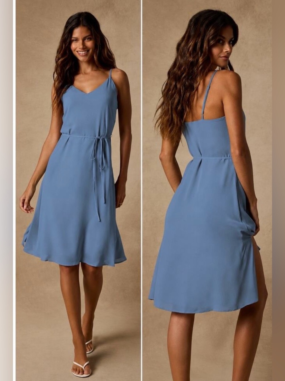 Clearance!Lulu's Slate Blue Chiffon Tie Waist V-Neck Midi Dress Size Large NWT - Picture 2 of 8